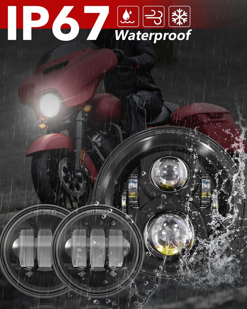 BICYACO 7 Inch LED Motorcycle Headlight with 4.5 Inch Fog Lights Passing Lamps DOT SAE Approved, Compatible with Harley Davidson Classic Electra Street Glide Fat Boy Road King Heritage Softail Black - Image 4